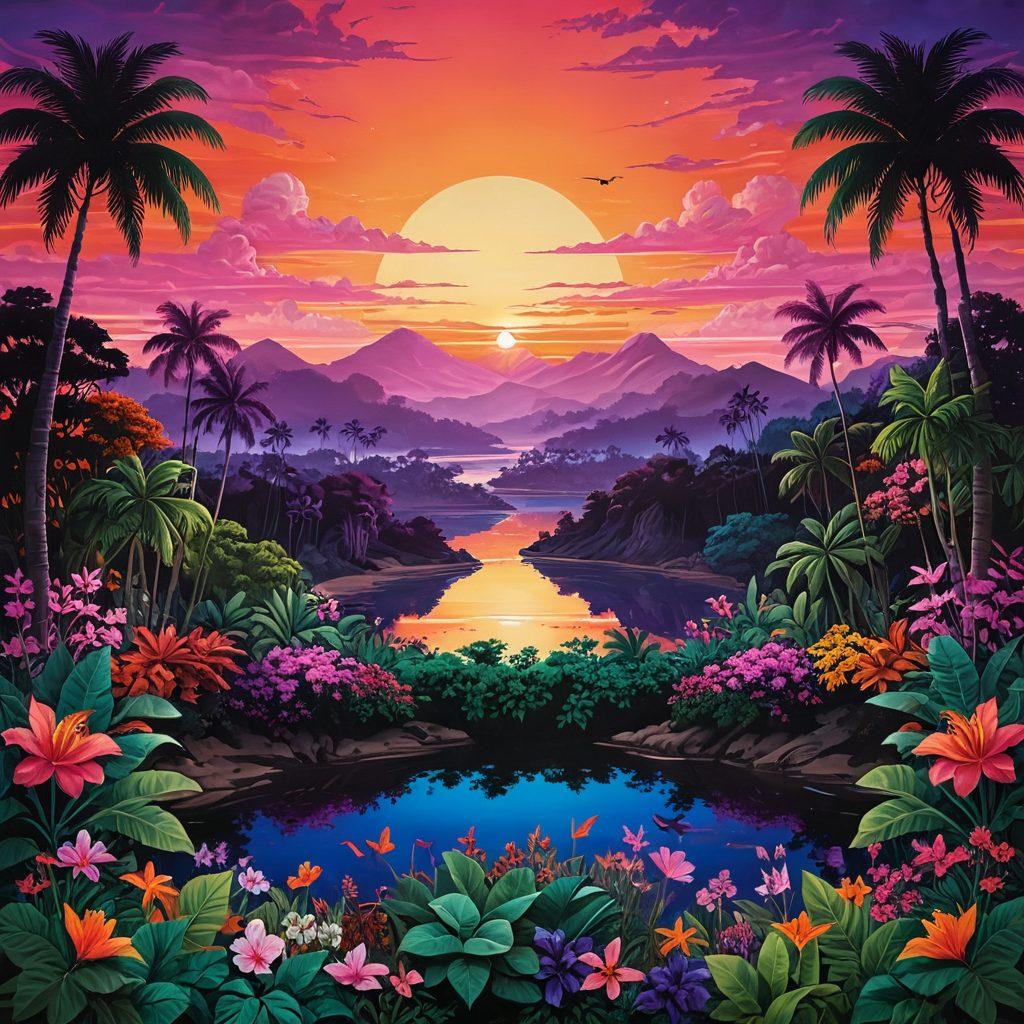 A tranquil equatorial landscape showcasing diverse communities harmoniously interacting in a lush, green environment. Include symbolic elements representing equality, such as balanced scales or intertwined hands, surrounded by vibrant flora and fauna. The sky should reflect the rich hues of a sunset, illustrating change and unity. Ethnic diversity in attire and activities should be prominently featured. surrealistic. vibrant colors. 3D.