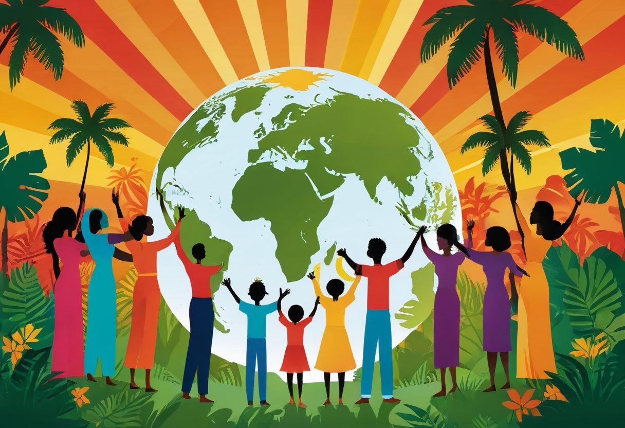 A vibrant illustration showcasing a diverse group of individuals from various backgrounds, standing together on a stylized globe that represents the equator. They are holding hands, symbolizing unity and equal opportunities, with rays of sunshine shining down upon them. The background depicts lush tropical landscapes and cultural symbols from different nations, emphasizing equality and inclusion. Bright colors should dominate the scene to convey positivity and hope. vector art. vibrant colors.