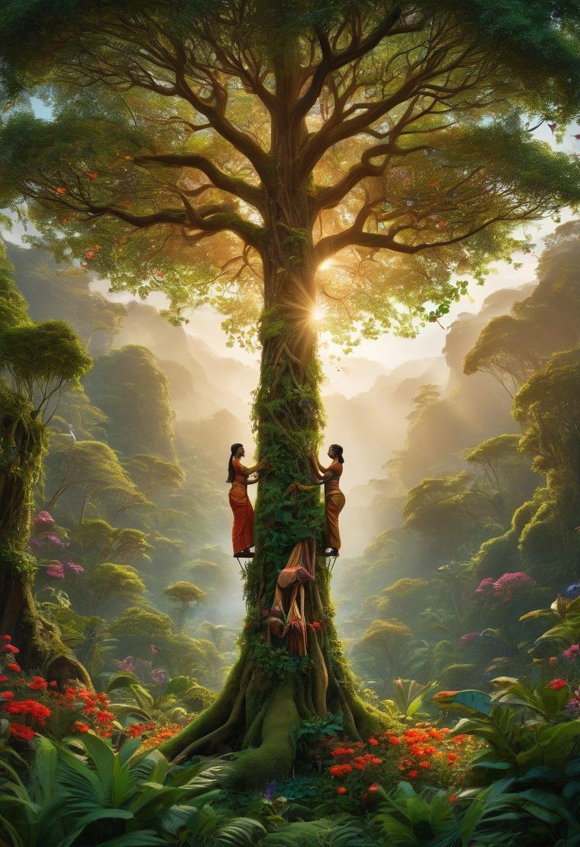 A vibrant landscape depicting the equatorial region with lush greenery, diverse wildlife, and people from different cultures collaboratively working together towards balance and harmony. Include symbols of equality and equity, such as scales of justice and interlocking hands, integrated into the natural environment. The scene should convey a sense of unity and diversity, reflecting the rich tapestry of life in the equatorial zone. super-realistic. vibrant colors. 3D.